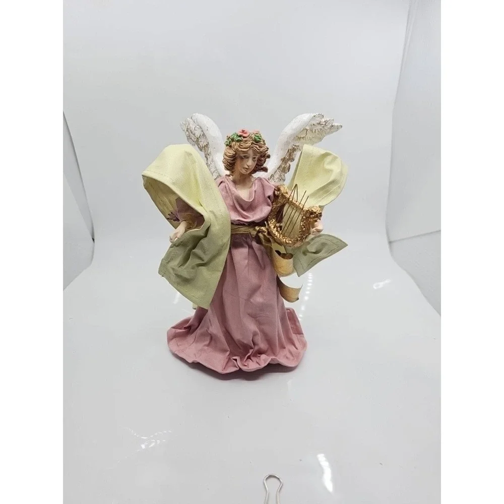 Vtg Angel Christmas Tree Topper Figurine Pink Gown Gold Harp Resin Fabric 10